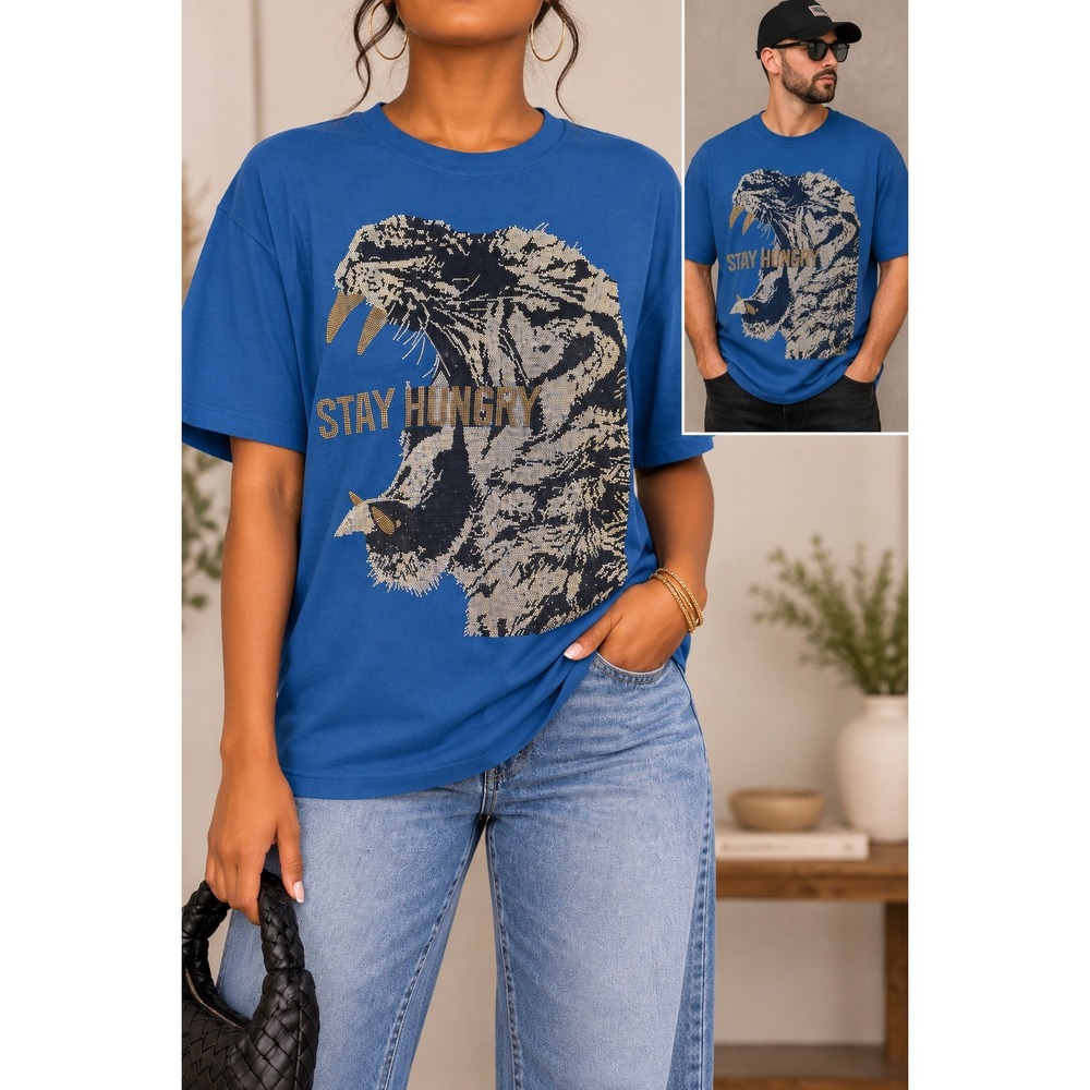 L 170 DNA Stay Hungry Rhinestone Big Cat Cougar Graphic Blue Unisex T-Shirt L